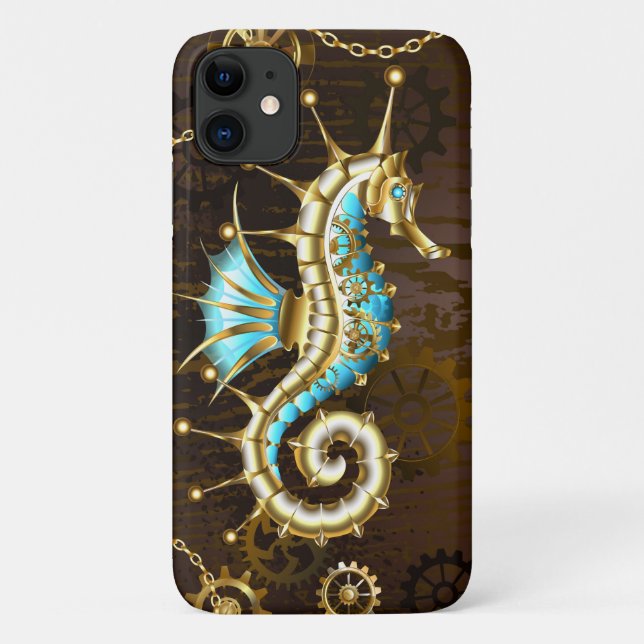 Coques Case-Mate iPhone Arrière - plan en bois avec cheval de mer mécaniqu (Dos)