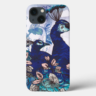 Etui iPhone 13 Arrière - plan floral avec des paons