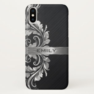 Coque Case-Mate Pour iPhone Arrière - plan noir floral argent