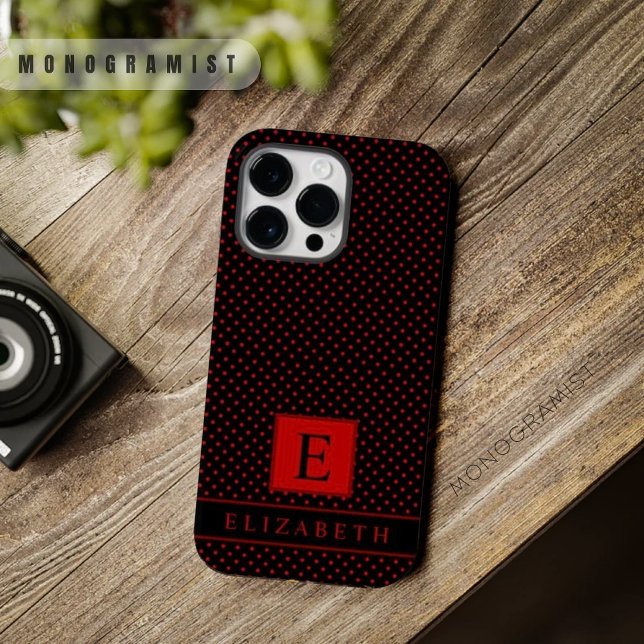 Coques Case-Mate iPhone Arrière - plan noir personnalisable point Polka ro (Customizable Black Background Red Polka Dot Case-Mate iPhone Case)