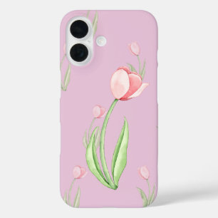 Coque Pour iPhone 16 Arrière - plan rose avec Tulips Téléphone