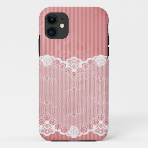 Coque Case-Mate Pour iPhone arrière - plan rose et blanc avec dentelle noire
