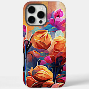 Coque iPhone 16 Pro Max Art Abstrait Floral Fleurs Orange Rouge Bleu