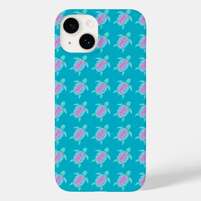 Coques Case-Mate iPhone Art aquarelle de tortue à motif aqua rose (Verso)
