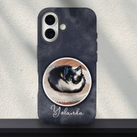 Art de chat endormi noir et blanc cosy avec nom pe