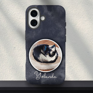 Coque Pour iPhone 16 Art de chat endormi noir et blanc cosy avec nom pe