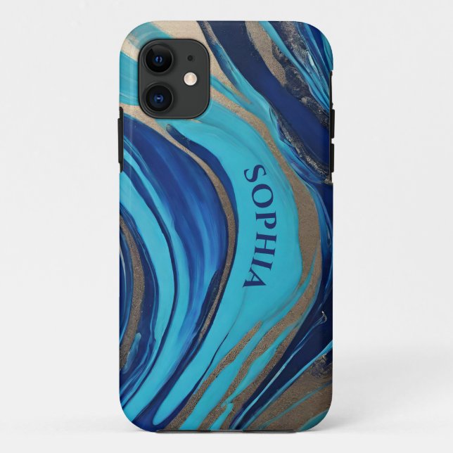 Coques Case-Mate iPhone Art de flux abstrait moderne - Bleu et Or - (Dos)