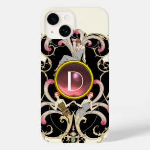 COQUE POUR iPhone 14 ART DÉCO BEAUTÉ MODE ROSE ROSE MONOGRAMME EN PIERR