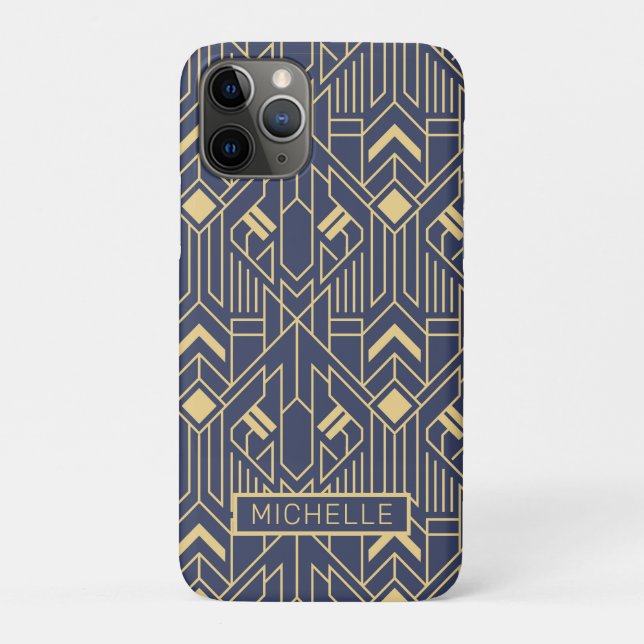Coques Case-Mate iPhone Art Déco Bleu Or Géométrique Nom Personnalisé (Dos)