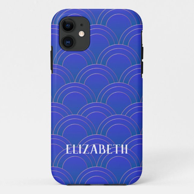 Coques Case-Mate iPhone Art Déco Gold Blue Nom personnalisé (Dos)