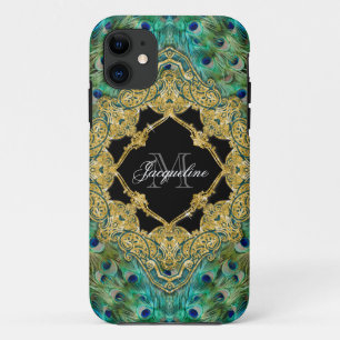 Coque iPhone 11 Art Déco Peacock Gold Parties scintillant Old Holl