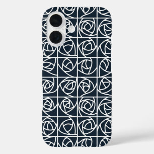 Coque Pour iPhone 16 Art Déco Rose Carrés Stylisé Floral bleu marine