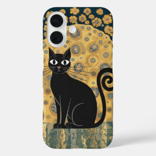 Coque Pour iPhone 16 Art décoratif de chat noir dans le style de Gustav