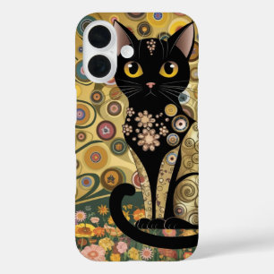 Coque Pour iPhone 16 Art décoratif de chat noir dans le style de Gustav