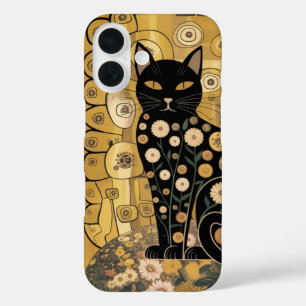Coque Pour iPhone 16 Art décoratif doré de chat noir dans le style Gust