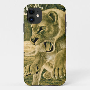 Coque iPhone 11 Art dramatique de la lionne safari faune