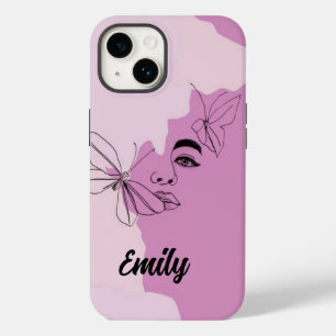 Coque Case-Mate iPhone Art en ligne de femme abstraite et papillon en vio