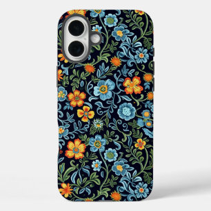 Coque Pour iPhone 16 Plus Art floral complexe : Fleurs bleues et orange 