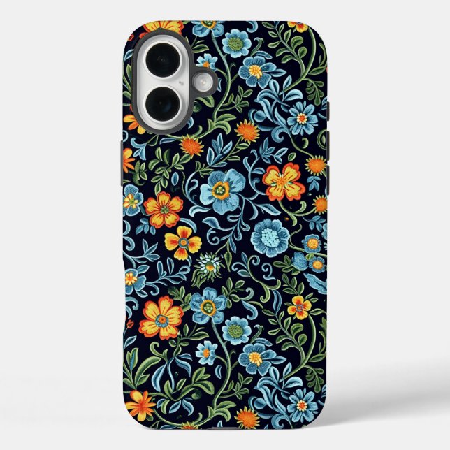 Coques Case-Mate iPhone Art floral complexe : Fleurs bleues et orange  (Verso)