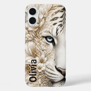 Coque Pour iPhone 16 Plus Art floral du Tigre blanc aux yeux bleus