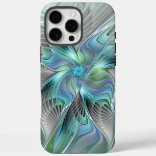 Coque iPhone 16 Pro Max Art fractal fantaisiste papillon bleu vert abstrai