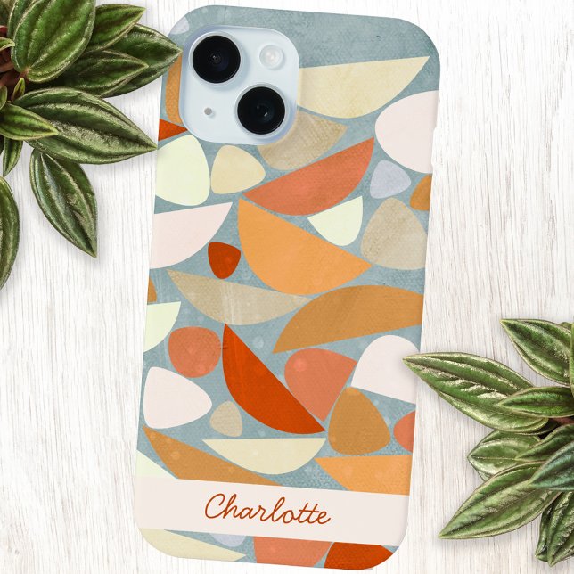 Coques Case-Mate iPhone Art géométrique moderne Abstrait Nom personnalisé (Abstract geometric orange, peach, blush pink and sea foam personalized name cell phone case)