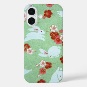 Coque Pour iPhone 16 Art japonais : Sakuras et lapins verts