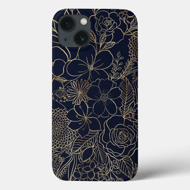 Coques Case-Mate iPhone Art moderne Gold Blue Floral Doodles (Verso)
