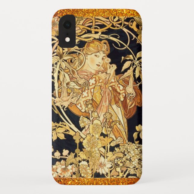 Coques Case-Mate iPhone Art nouveau alphonse mucha femme floral or noir (Dos)