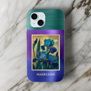 Coque Case-Mate iPhone Art Nouveau Blue Purple Iris avec Monogramme Nom