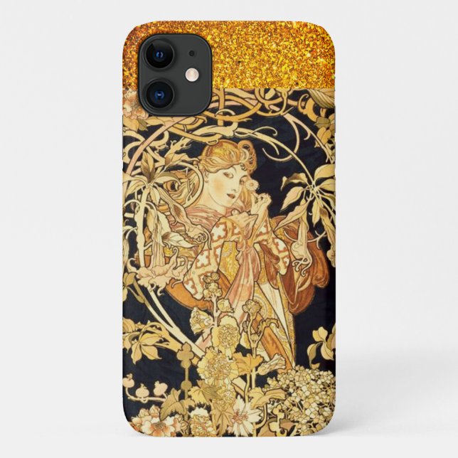 Coques Case-Mate iPhone Art nouveau femme floral alphonse mucha noir or (Dos)