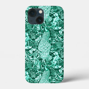iPhone 13 Mini Coque Art Nouveau Peacock Print, Turquoise et Aqua