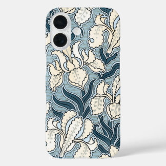 Coques iPhone 16 Art Nouveau vintage, fleurs d'iris de jardin bleue