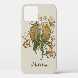 Coque iPhone 12 Art nouveau vintage, oiseau cacatoès, fleurs d'orc