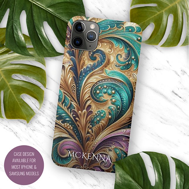 Coques Case-Mate iPhone Art personnalisé Paisley violet sarcelle vert or (Créateur téléchargé)