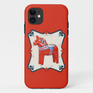 Coque iPhone 11 Art populaire de cheval de Dala de Suédois encadré