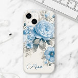 Coque Case-Mate iPhone Artiste Personnalisé Lumière Pastel Roses Bleus<br><div class="desc">Customisez cette belle conception avec votre nom ou monogramme. Roses bleu pâle,  fleur sauvage et hydrangée fleurissent avec du feuillage de sauge pastel clair sur arrière - plan en coquille d'oeuf.</div>