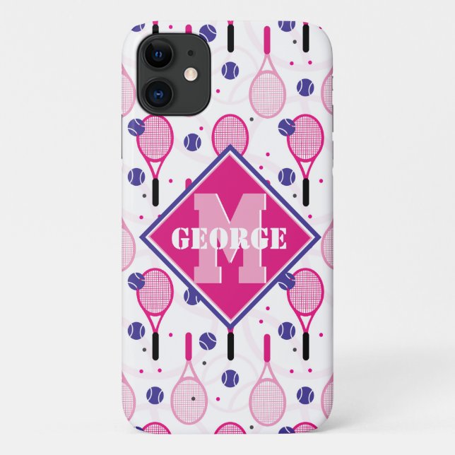 Coques Case-Mate iPhone Avec nom & initiale, raquettes de tennis rose & vi (Dos)