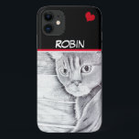 Case-Mate iPhone Case Avez-vous entendu ça ? avec un coeur rouge<br><div class="desc">Un stylo à bille noir et blanc dessin/Illustration d'un chat écoutant une souris avec un arrière - plan noir et un petit coeur rouge dans le coin supérieur droit. Customisez avec votre nom. Par l'artiste stylo à bille ~ Artiste Robin Cox.</div>
