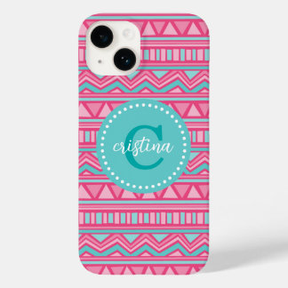Coque Pour iPhone 14 Aztec Chevron Rosé et Turquoise Monogramme personn