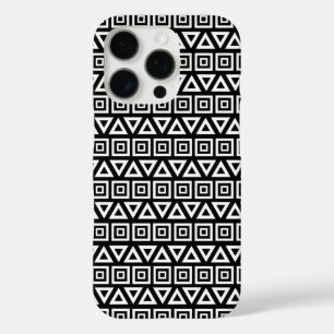 Coque iPhone 16 Pro Aztec Triangles+Motif Carré blanc sur noir