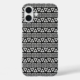Coque Pour iPhone 16 Plus Aztec Triangles+Motif Carré blanc sur noir