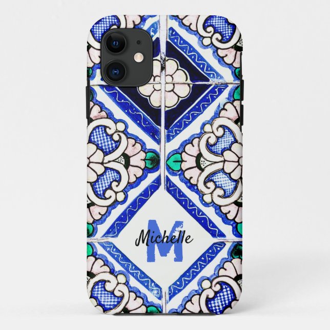 Coques Case-Mate iPhone Azulejo Motif espagnol Carreaux marine Monogramme  (Dos)
