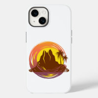Badge avec paysage volcanique tropical et palmiers