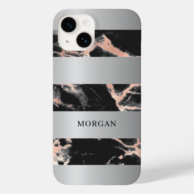 Coques Case-Mate iPhone Bagues argentées, marbre or rose et noir, nom (Verso)