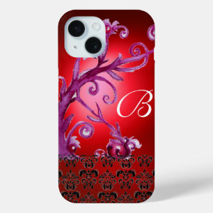 Coque Pour iPhone 15 BAIES, BERRIES DAMASK MONOGRAM rose noir rouge