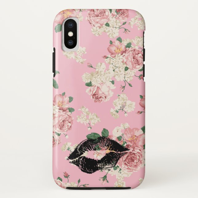 Coques Case-Mate iPhone Baiser de rouge à lèvres noir au motif floral Vina (Dos)