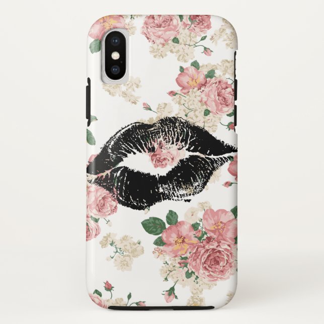 Coques Case-Mate iPhone Baiser de rouge à lèvres noir au motif floral Vina (Dos)