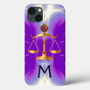 iPhone 13 CASE BALANCE DE LA LOI EN OR AVEC MONOGRAMME DE PIERRES