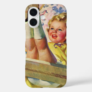 Coques iPhone 16 Balançoire Vintage, Fille Se Balançant dans un Arb